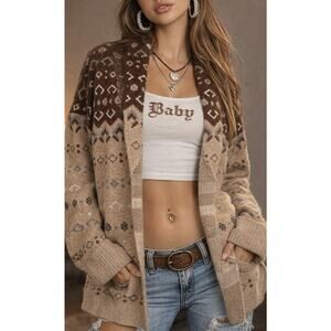 Lucky Brand Tribal Aztec Boho Open Cardigan Brown Tan Long Sweater Women’s XL